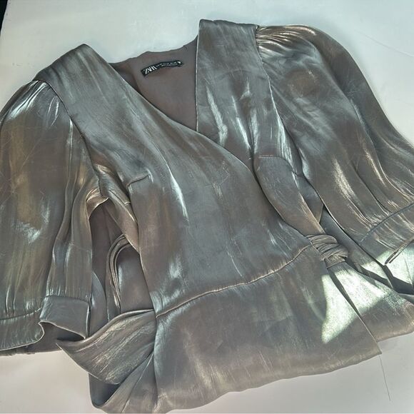 NWOT Zara Metallic Silver Laminated Pewter Wrap Mini Dress Sz XS - Picture 8 of 11